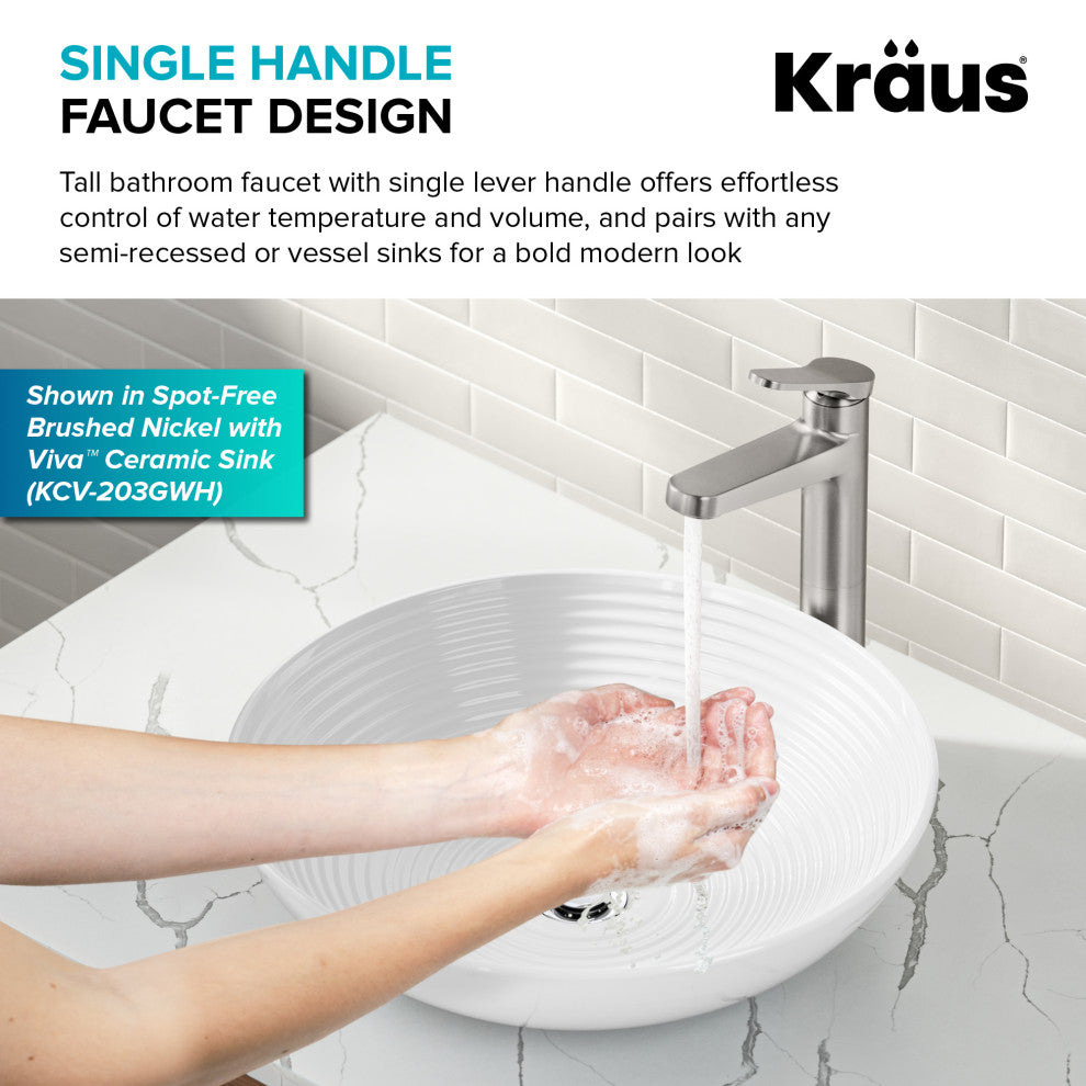 KRAUS Indy Single Handle Vessel Bathroom Faucet Matte Black, Pop Up Drain