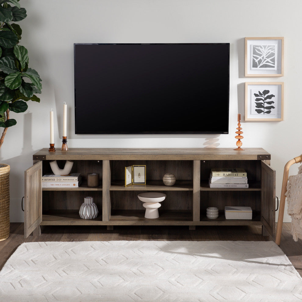 70" Farmhouse TV Stand with Barn Doors, Gray Wash