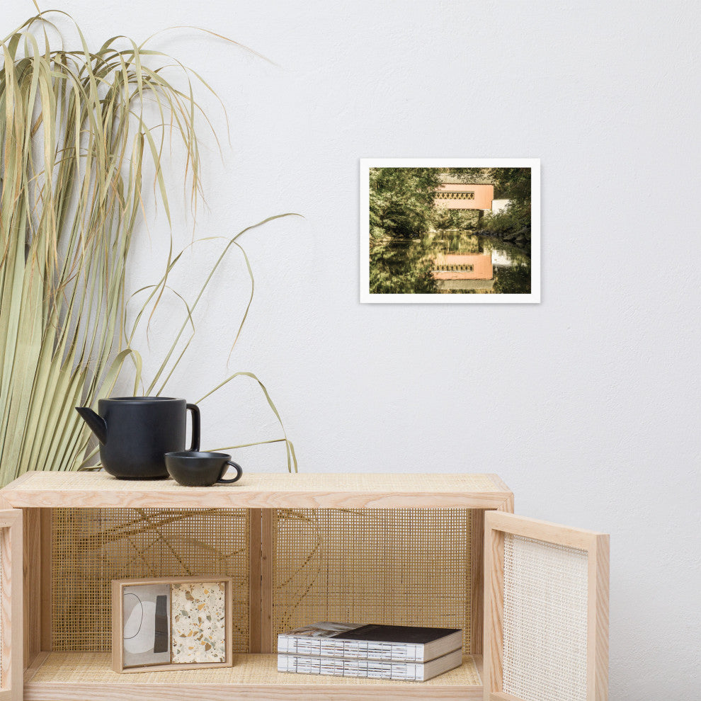 The Reflections of Wooddale Covered Bridge Aged Framed Photo Wall Art Print, White, 11" X 14"
