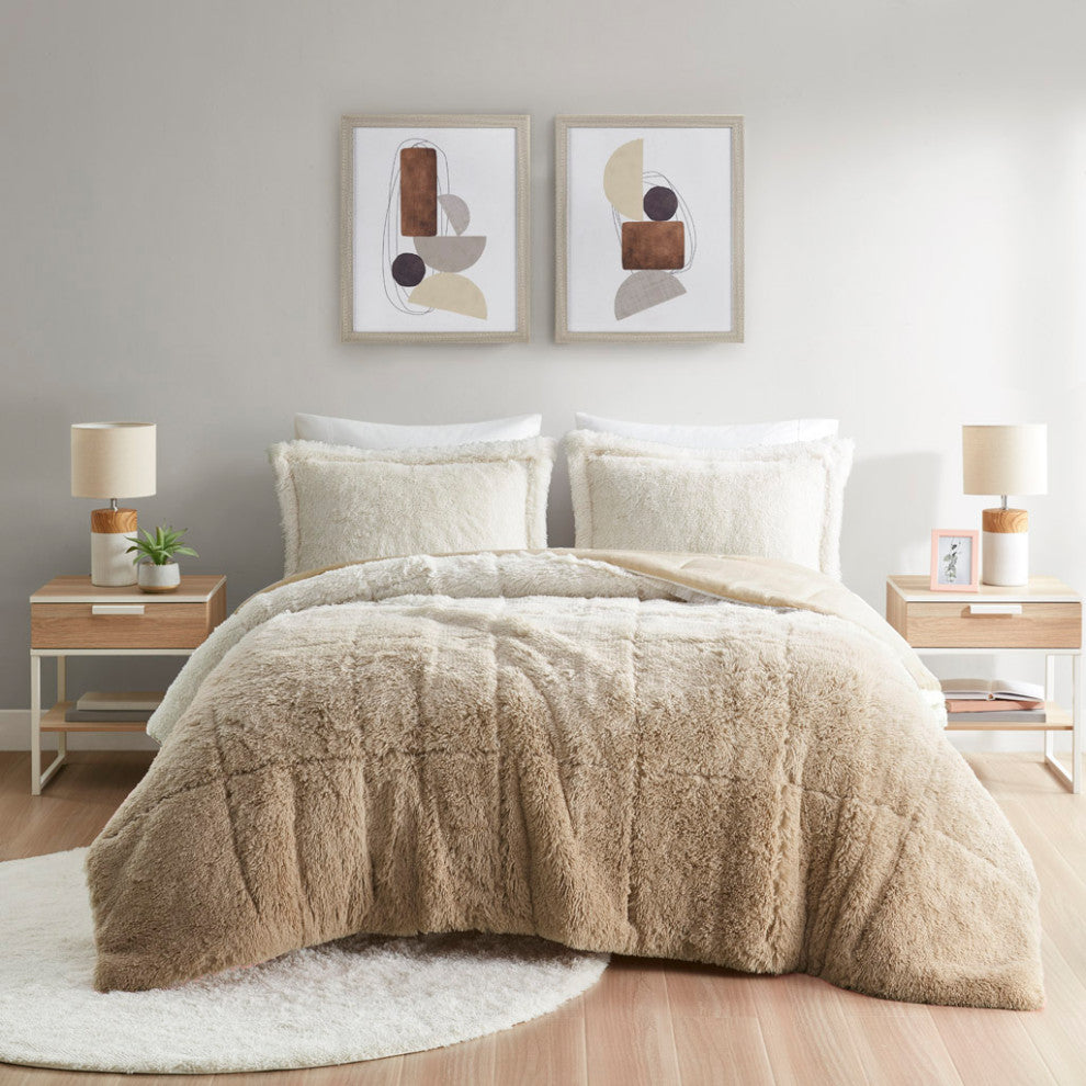 Intelligent Design Brielle Ombre Shaggy Long Fur Comforter Mini Set, Natural