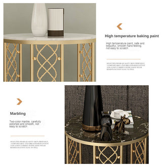 Marble Wrought Round Small Coffee Table, Black-White, Dia15.7", 2 Layers