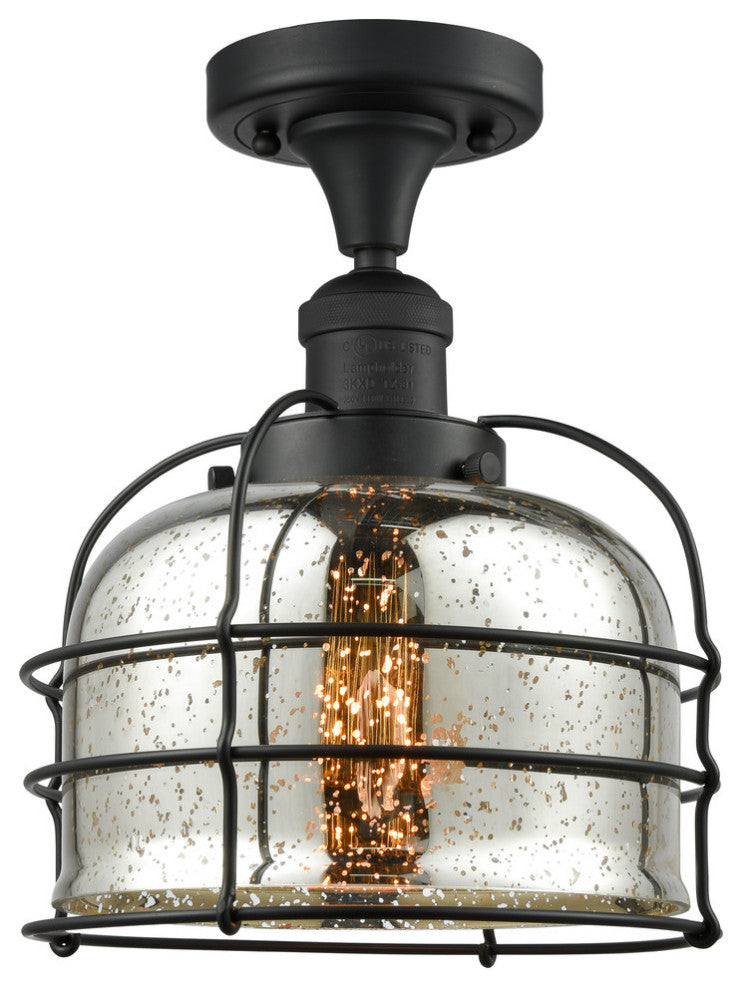 Large Bell Cage 1-Light Semi-Flush Mount, Matte Black, Silver Plated Mercury