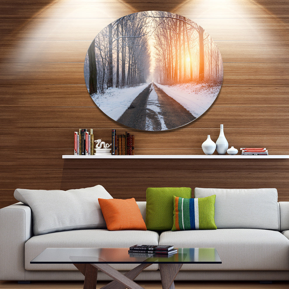 Bright Sun Break In Winter Forest, Forest Disc Metal Artwork, 11"