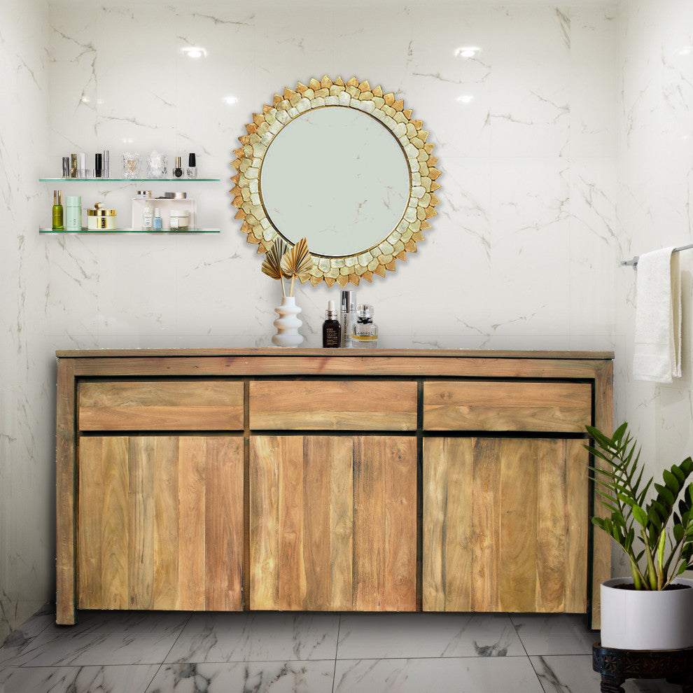 Recycled Teak Wood Valencia Bathroom Linen Cabinet With 3 Doors/3 Drawers