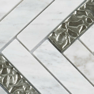 Modket White Carrara Marble Silver Glass Herringbone Tile Backsplash TDH143MO