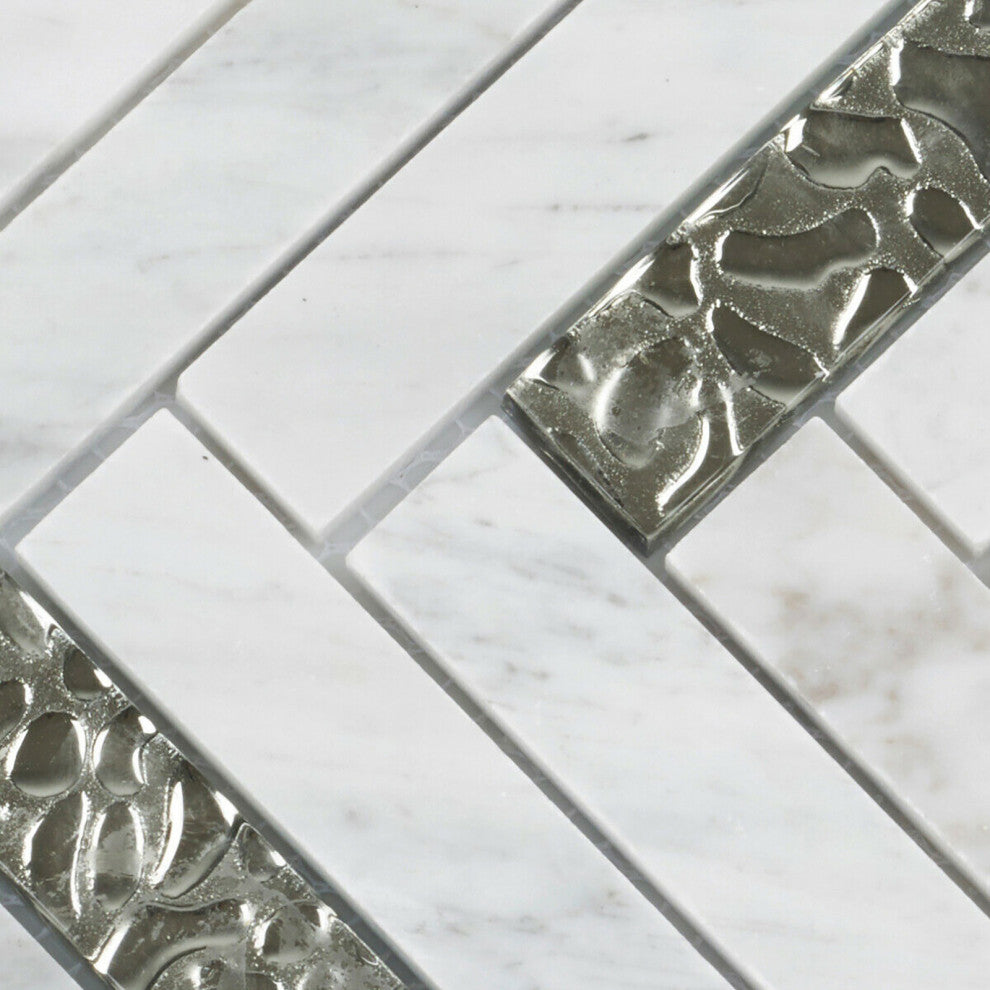 Modket White Carrara Marble Silver Glass Herringbone Tile Backsplash TDH143MO