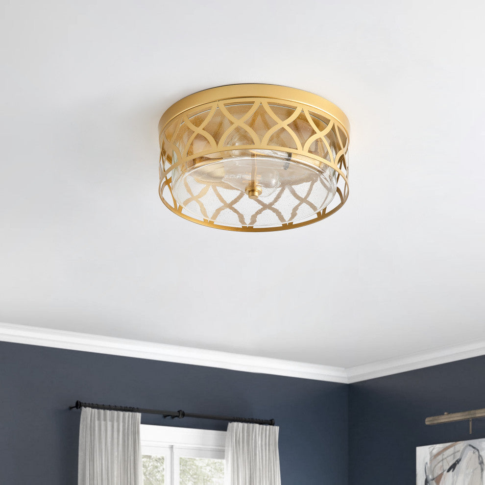 Modern Gold 2-Light Flush Mount Ceiling Light with Seeded Glass