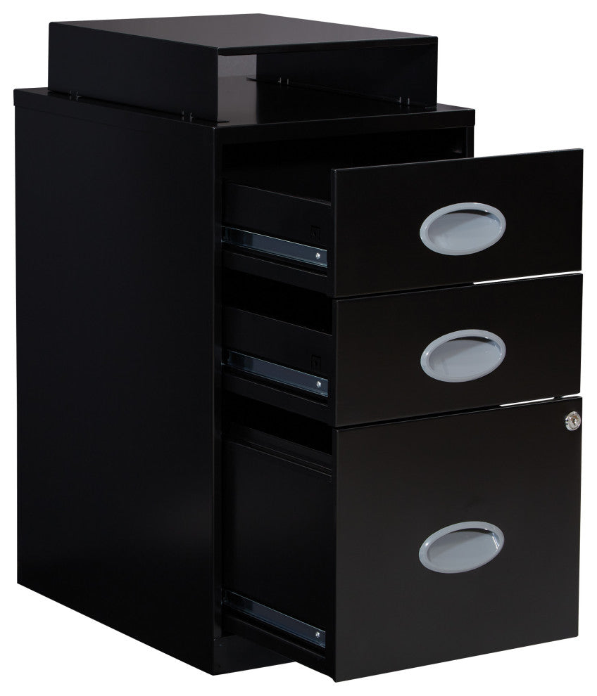 3 Drawer Locking Metal File Cabinet With Top Shelf, Black