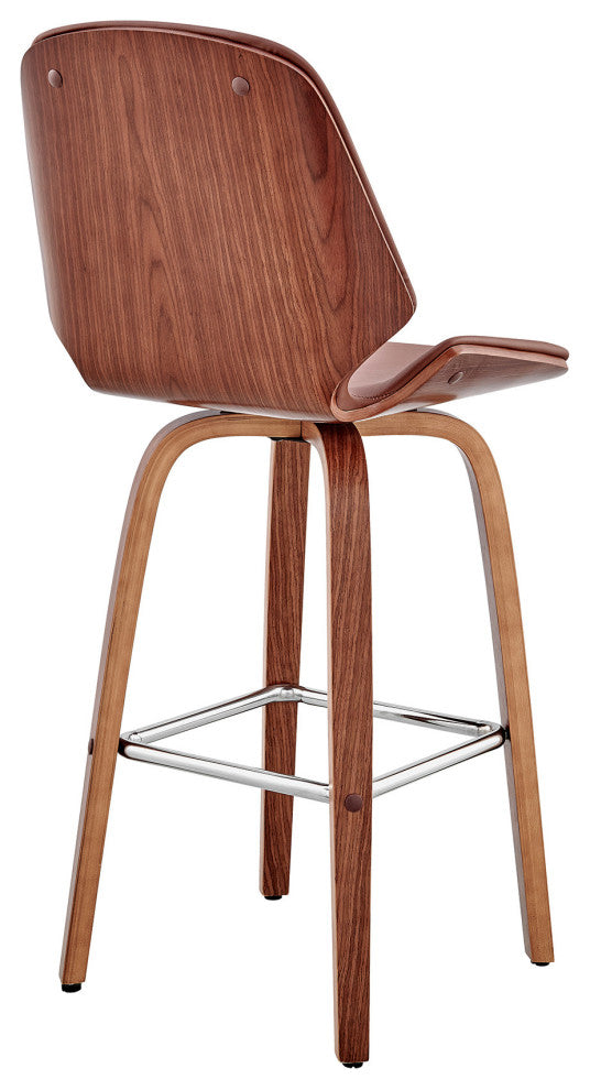 26" Brown Faux Leather Swivel Seat Wooden Bar Stool