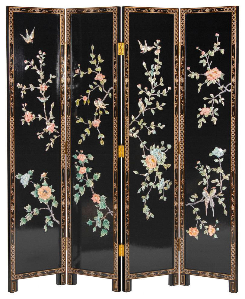 6' Tall Black Lacquer Room, Birds and Flowers