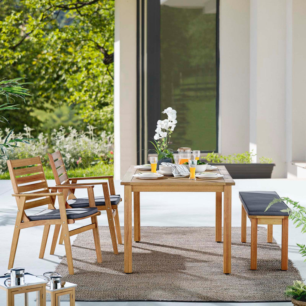 Side Dining Chair and Table Set, Wood, Brown Natural Gray, Modern, Outdoor