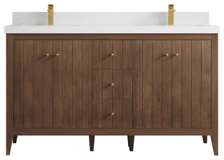 Atlanta Teak 60" Double Sink Bath Vanity, Dark Natural 2" White Quartz