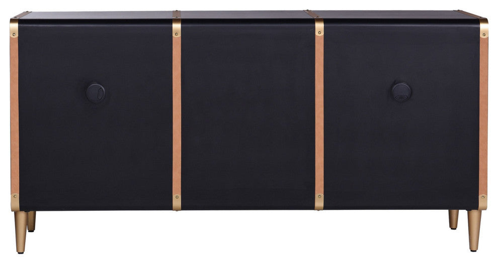 Hector Three Drawer and Two Door Trunk Sideboard Matte Black, Gold Finish