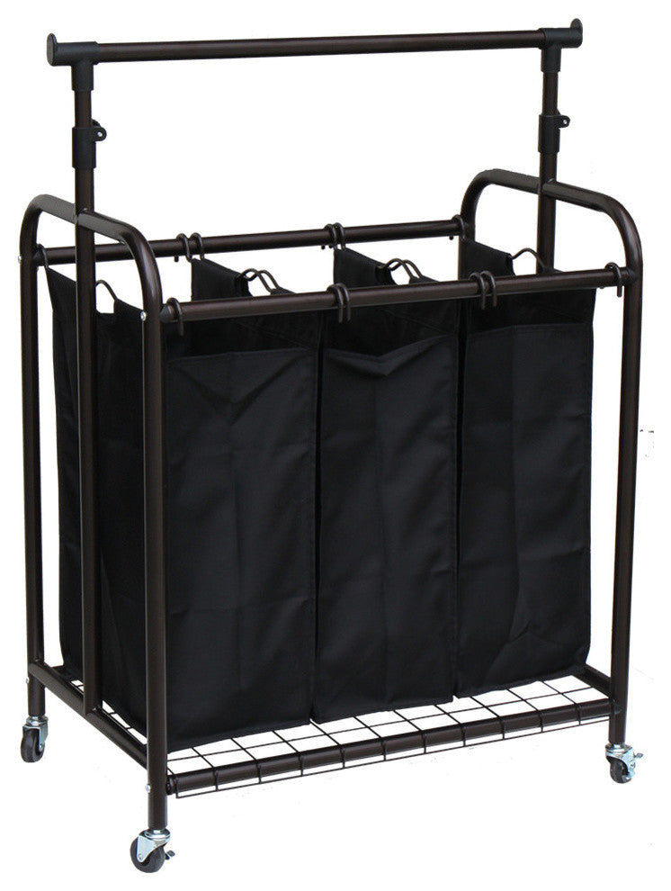 Oceanstar 3-Bag Rolling Laundry Sorter with Adjustable Hanging Bar, Bronze