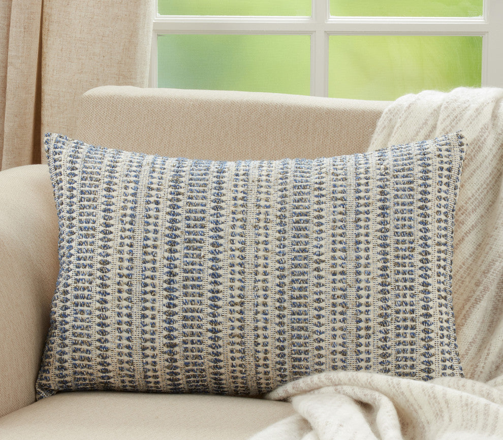 Woven Pillow With Line Design, Blue, 16"x24", Poly Filled
