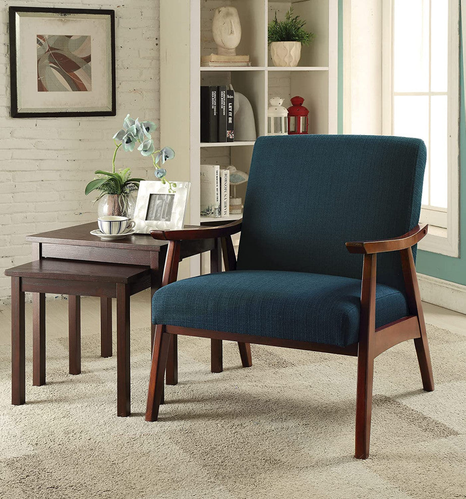 Mid-Century Armchair, Espresso Frame with Cushioned Seat & Back, Azure Blue