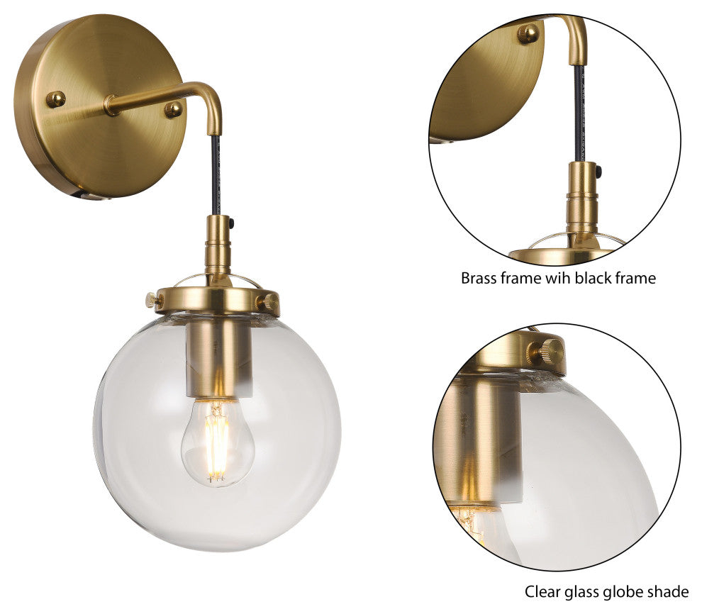 Brass Frame With Black Cord and Clear Glass Globe Shade Wall Sconce