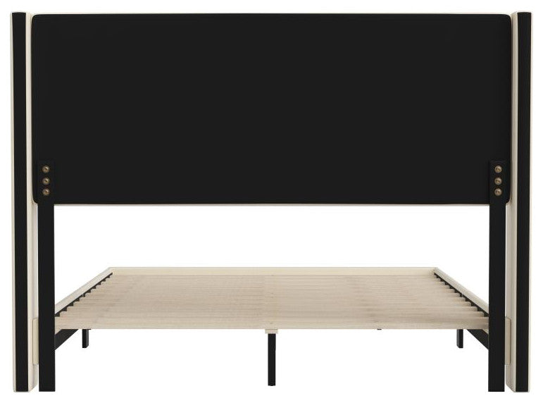 Hollis Upholstered Platform Bed with Wingback Headboard w/Mattress Foundation, Beige, Queen