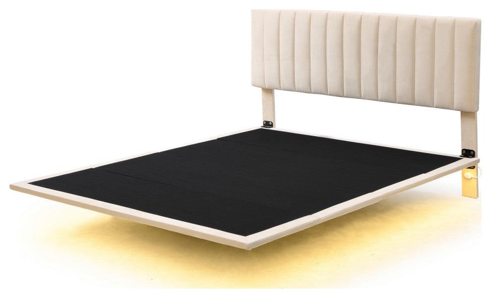 Gewnee Queen Size Upholstered Bed with Sensor Light and Headboard in Beige