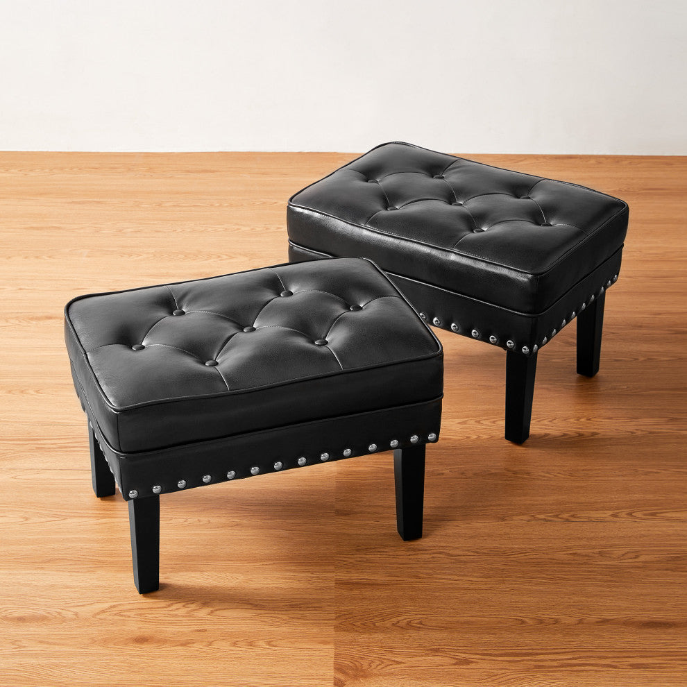 Set of 2 Leatherette Button-Tufted Accent Stool, Black