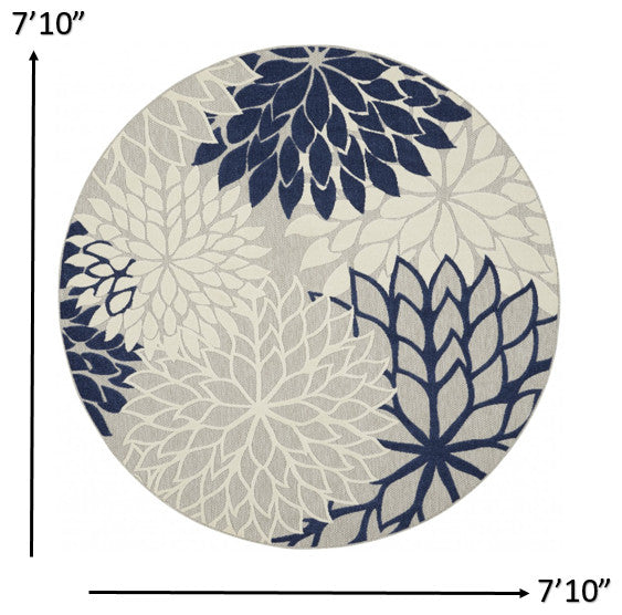 8' Round Ivory And Blue Round Floral Indoor Outdoor Area Rug