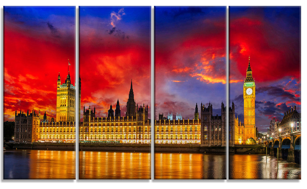 House of Parliament at River Thames, Cityscape Canvas Print, 48"x28", 4 Panels