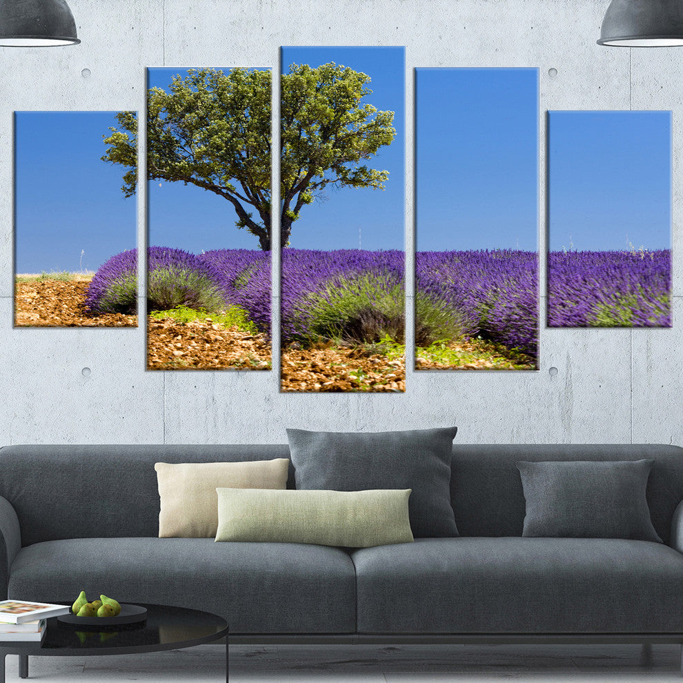 Lone Green Tree in Lavender Field, Large Landscape Canvas Art, 60"x32", 5 Panels