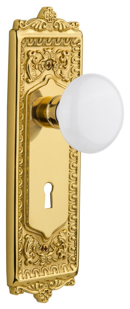 Single Egg & Dart Plate With White Porcelain Knob, Unlacquered Brass