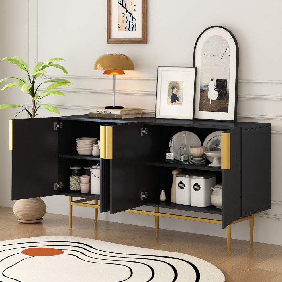 TATEUS 60" Modern Elegant 4-door Sideboard,Gold Metal Handle Storage Cabinet, Black