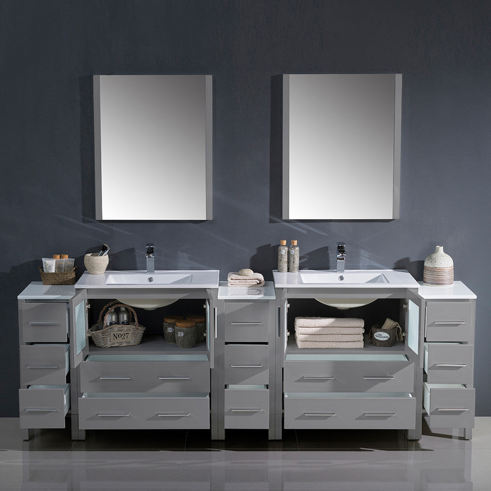 96" Gray Double Sink Bathroom Vanity With 3 Side Cabinets, Faucet, FFT9151BN