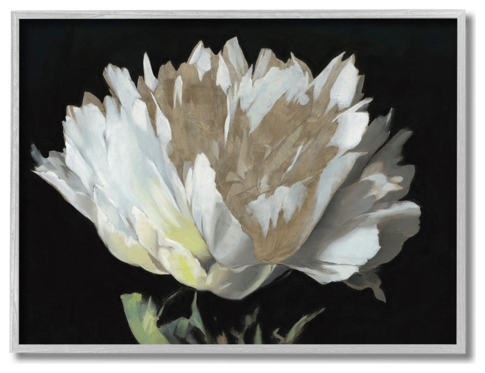 Flower Bloom Gold White Painting, 16"x20", Gray Frame