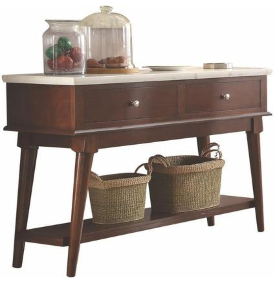 Benzara BM186219 Drawers Wooden Server with Marble Top, White and Walnut Brown