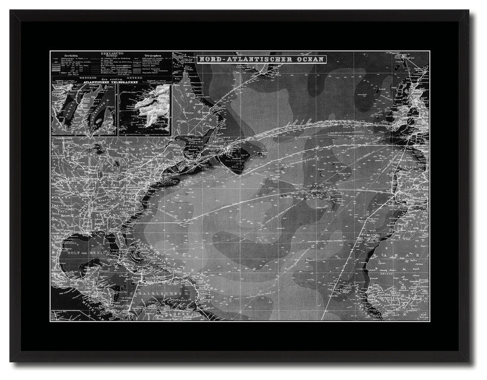 North Atlantic Telegraph Lines Stieler Vintage Monochrome Map Canvas, 28"x37"