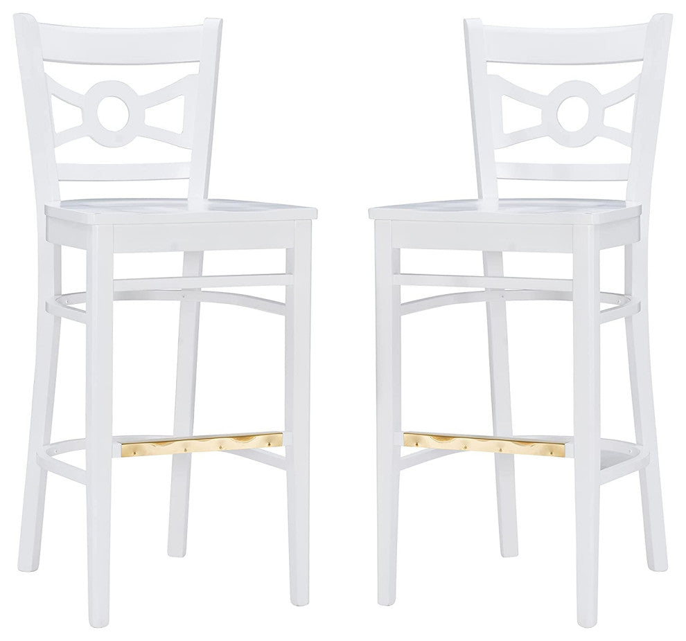 2 Pack Bar Stool, White Painted Beechwood With Gold Footrest, Wooden Seat
