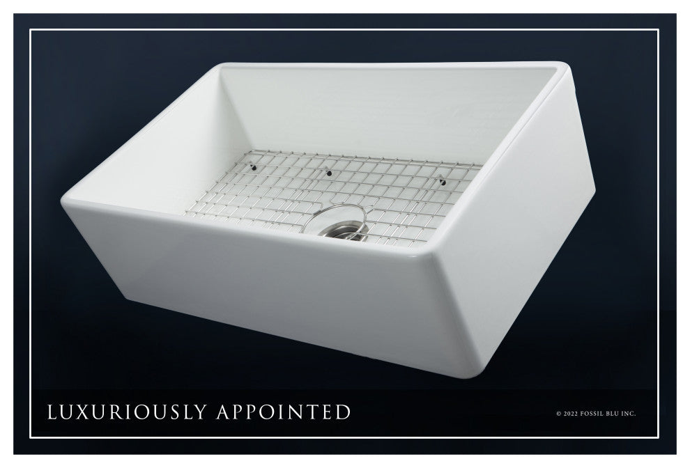 Luxury 33-Inch SOLID Fireclay Farmhouse Sink in White with Accs, Flat Front