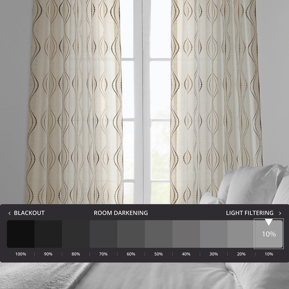 Suez Bronze Embroidered FauxLinen Sheer Curtain Single Panel, 50"x96"