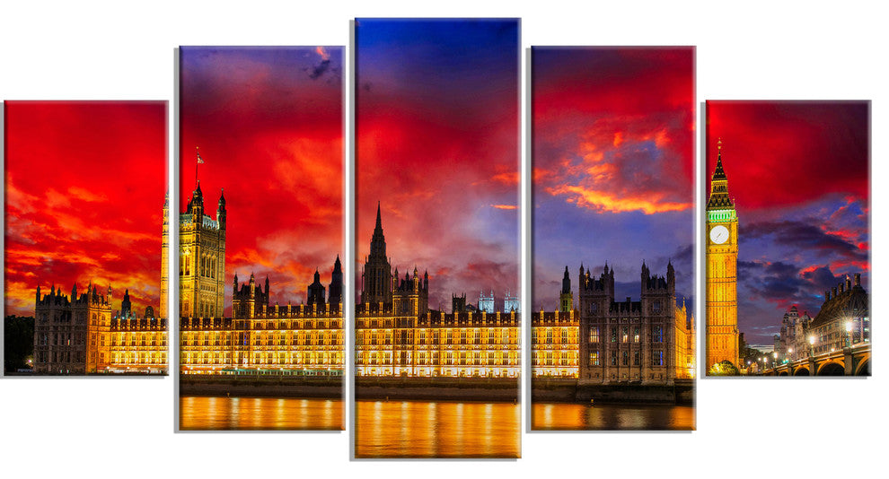 House of Parliament at River Thames, Cityscape Canvas Print, 60"x32", 5 Panels