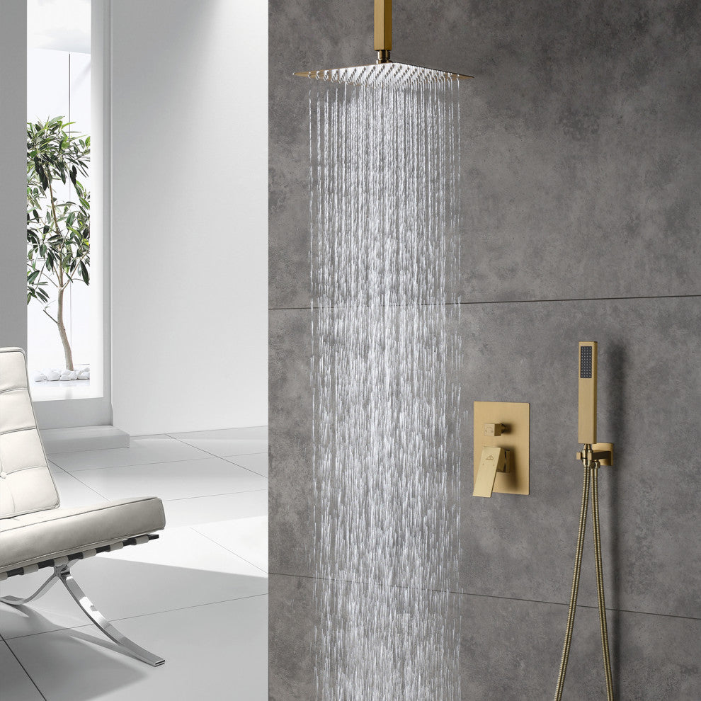 CASAINC 10" Ceiling Mount Dual Rainfall Shower Head Shower System Kit, Brushed Gold