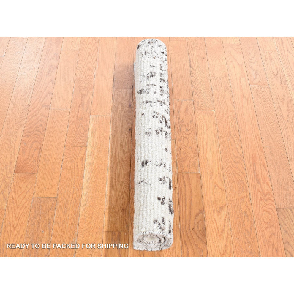 Black Modern Erased Column Design Pure Wool Hand Knotted Oriental Rug 3'x3'