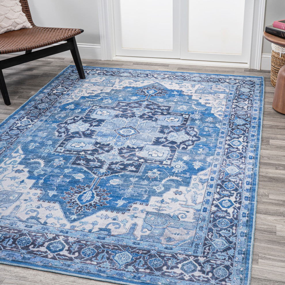 Maris Ornate Medallion Machine Washable Indoor Area Rug, Blue/Navy, 8 X 10