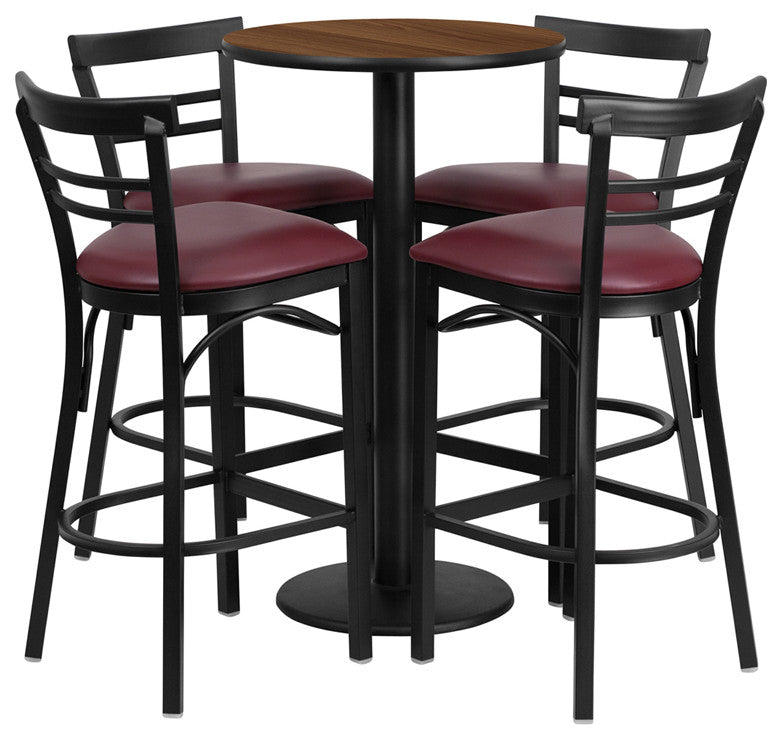 24" Round Walnut Laminate Table Set With 4 Ladder Back Metal Barstools