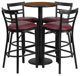 24" Round Walnut Laminate Table Set With 4 Ladder Back Metal Barstools
