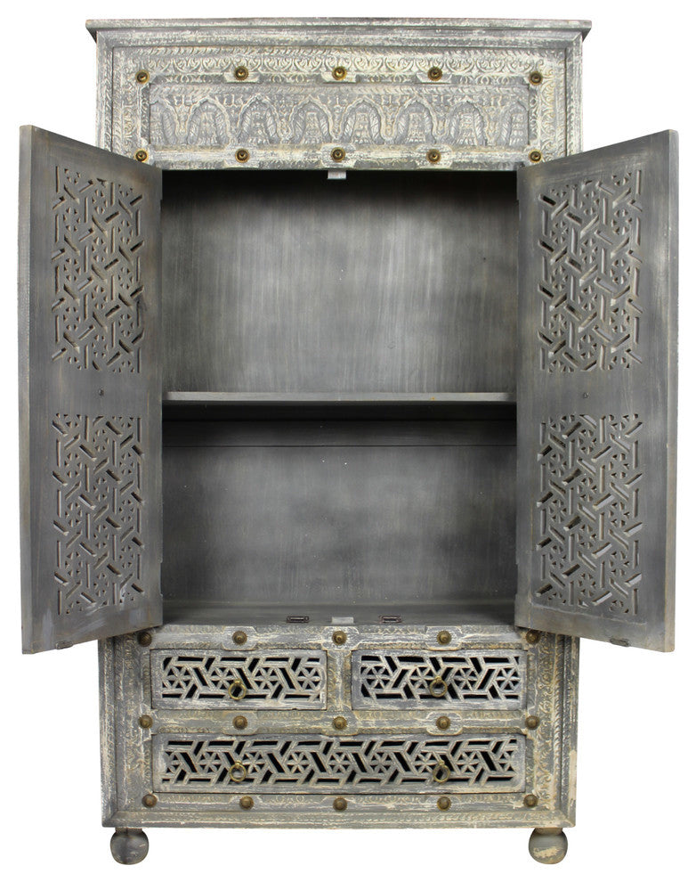 Carter Burman Armoire, Aged Gray Finish With Brass Accents
