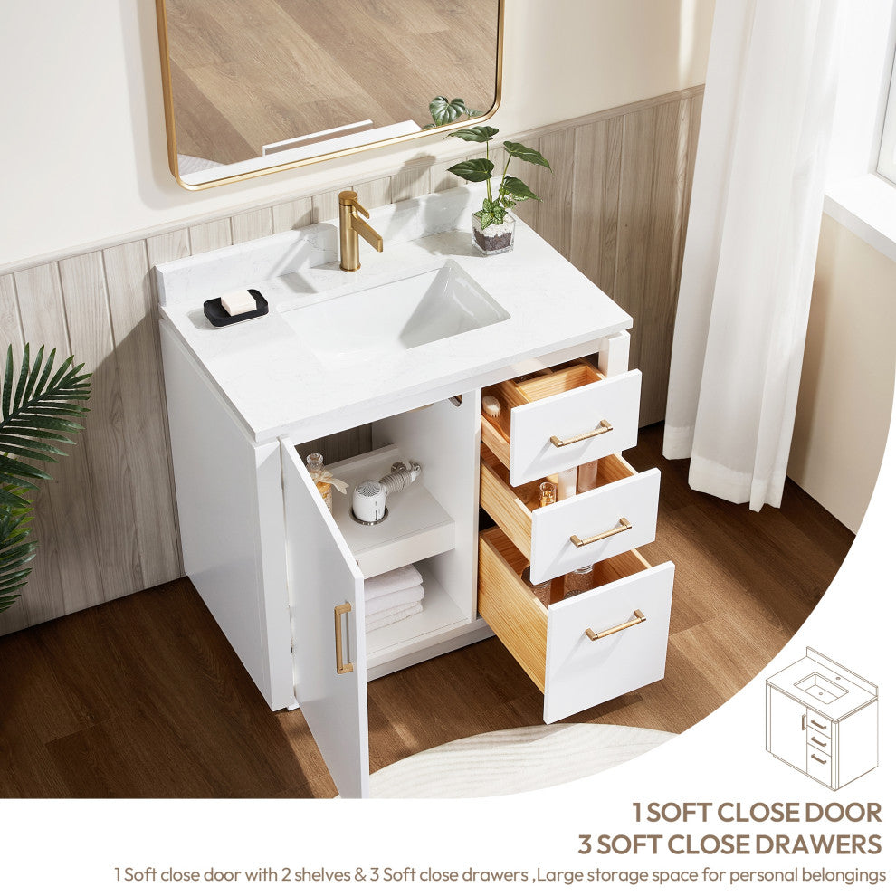 San Bath Vanity with Stone Top, White, 36", Single Vanity, With Mirror