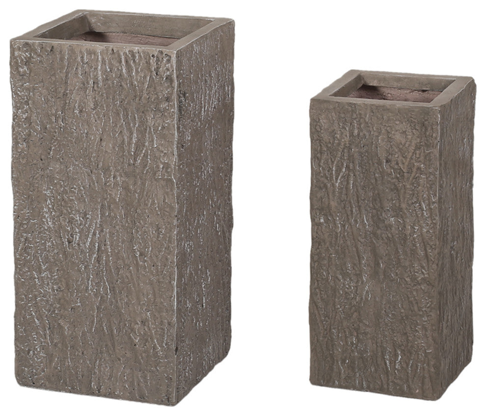 Berkamn Outdoor Medium and Small Cast Stone Planters, Set of 2, Brown Wood