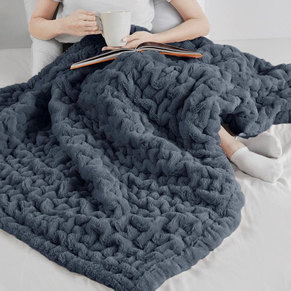 100% Polyester Machine Ruched Solid Long Fur Throw Slate Blue 50x60