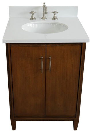 25" Single Sink Vanity, Walnut Finish, White Engineered Stone Top and Oval Sink