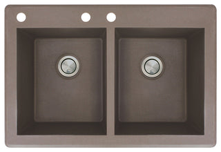 Radius 33" silQ Granite Double Bowl Kitchen Sink with 3 Holes in Espresso
