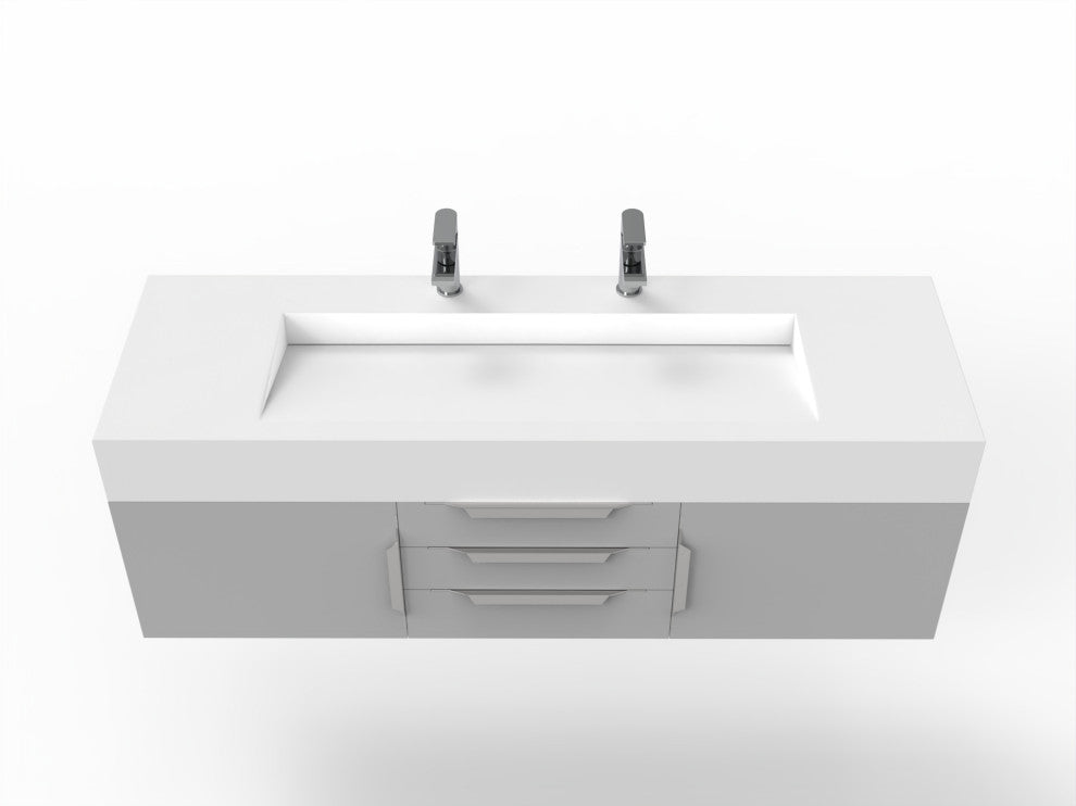 CastelloUSA Nile 60" Wall Mounted Vanity Set, Gray, White Top, Chrome Handles