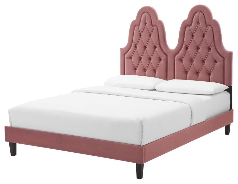 Tufted Platform Bed Frame, Queen Size, Velvet, Pink, Modern Contemporary
